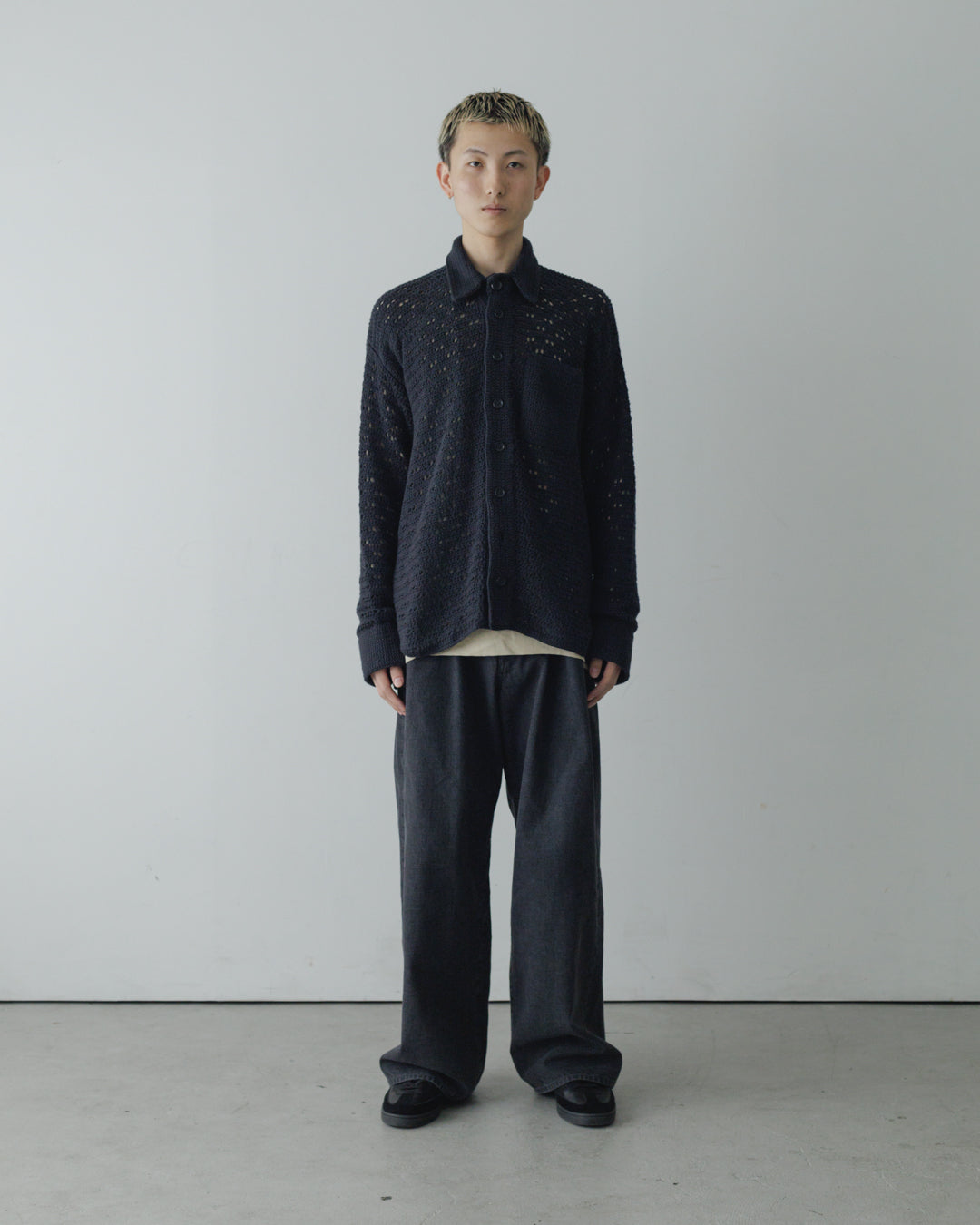 HAND KNITTING MESH SHIRT, BLACK