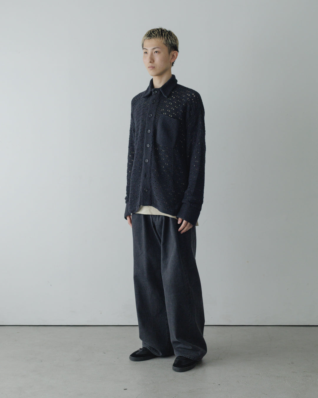 HAND KNITTING MESH SHIRT, BLACK