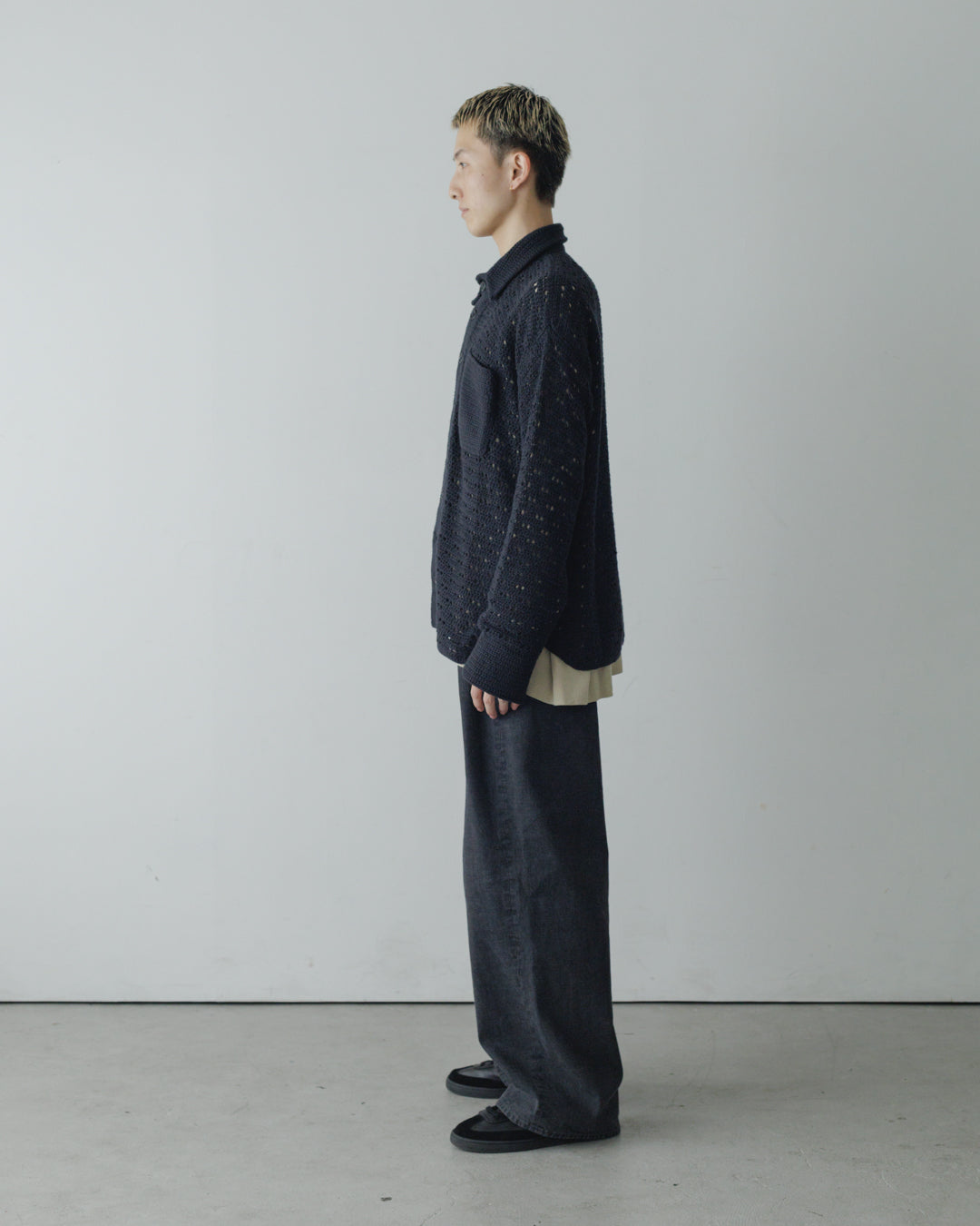 HAND KNITTING MESH SHIRT, BLACK