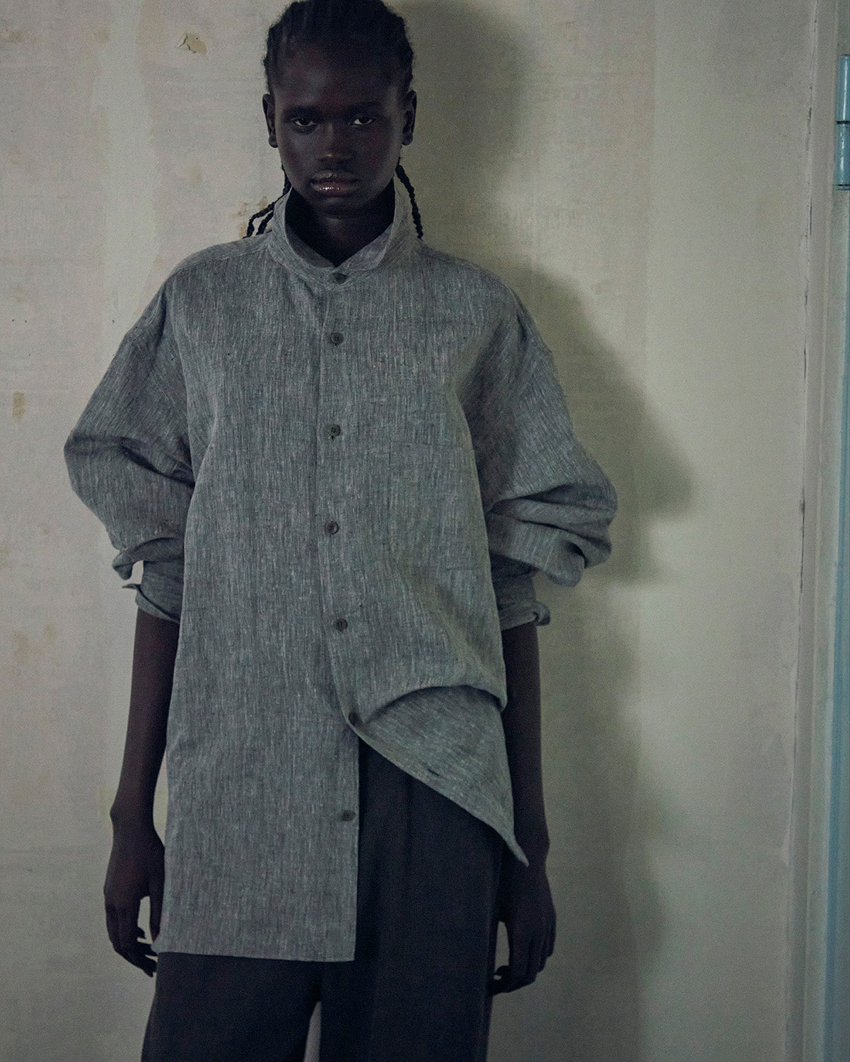 KHADIxLINEN REGULAR COLLER SHIRT, GRAY