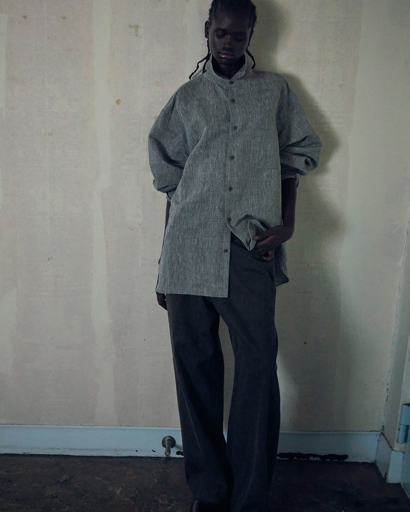 KHADIxLINEN REGULAR COLLER SHIRT, GRAY