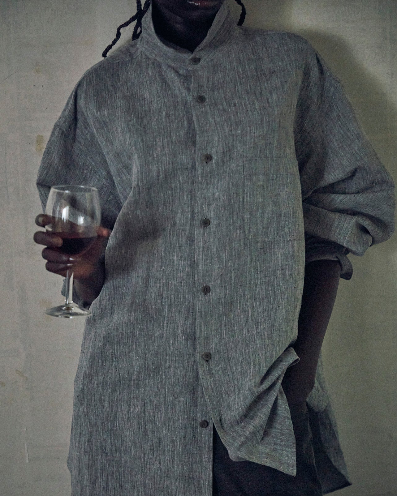 KHADIxLINEN REGULAR COLLER SHIRT, GRAY