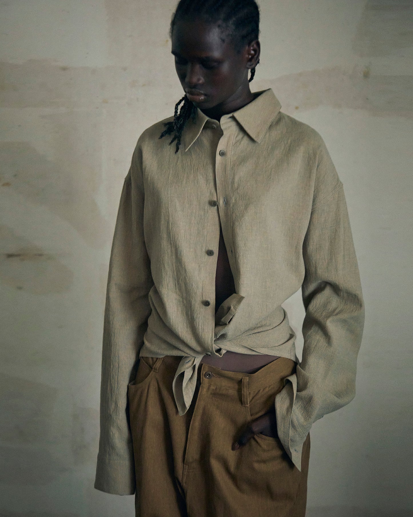 LINEN COTTON RANDAM COLOR HOUNDSTOOTH SHIRT LS, YLW x B.GRAY