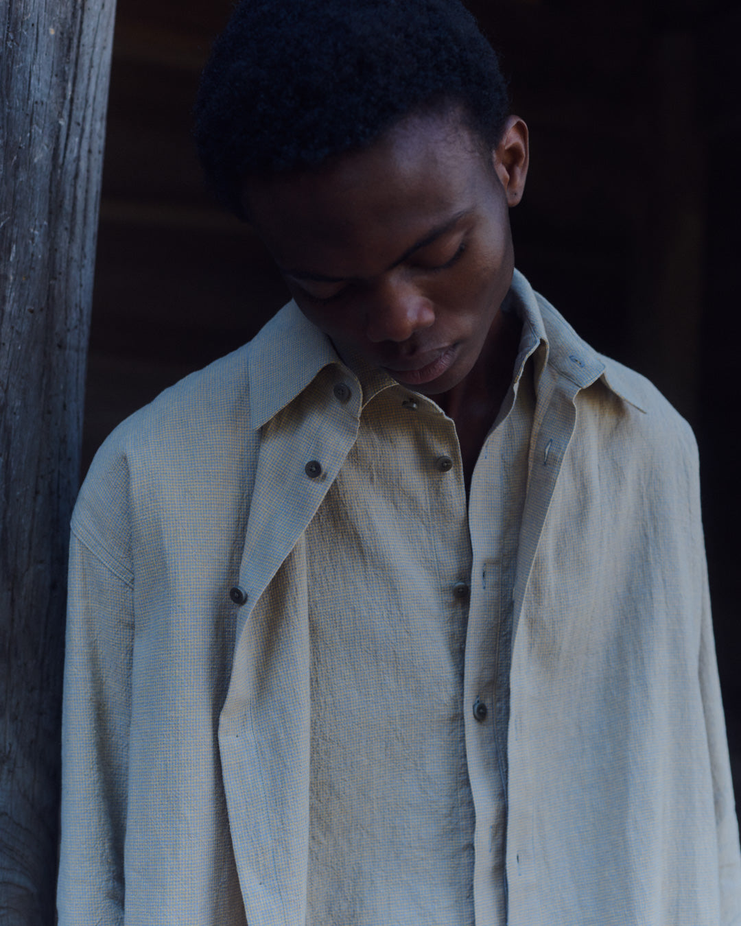 LINEN COTTON RANDAM COLOR HOUNDSTOOTH SHIRT LS, YLW x B.GRAY