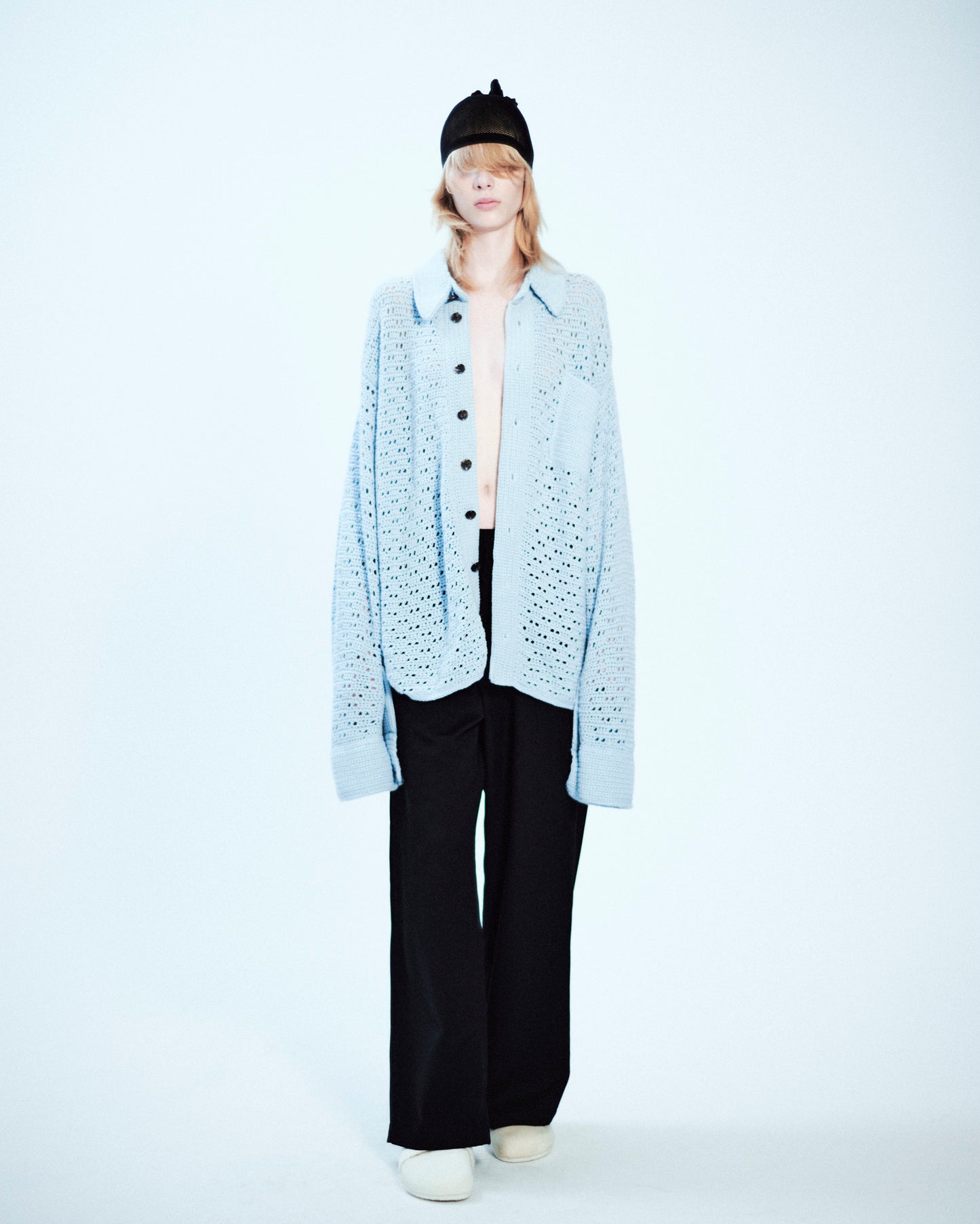 HAND KNITTING MESH SHIRT, STEEL BLUE