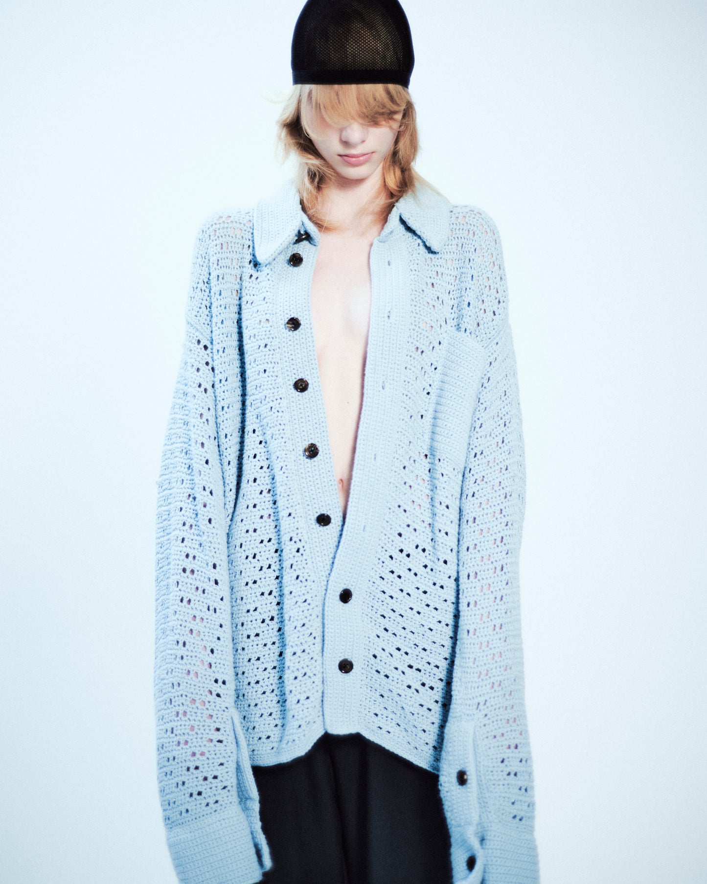 HAND KNITTING MESH SHIRT, STEEL BLUE