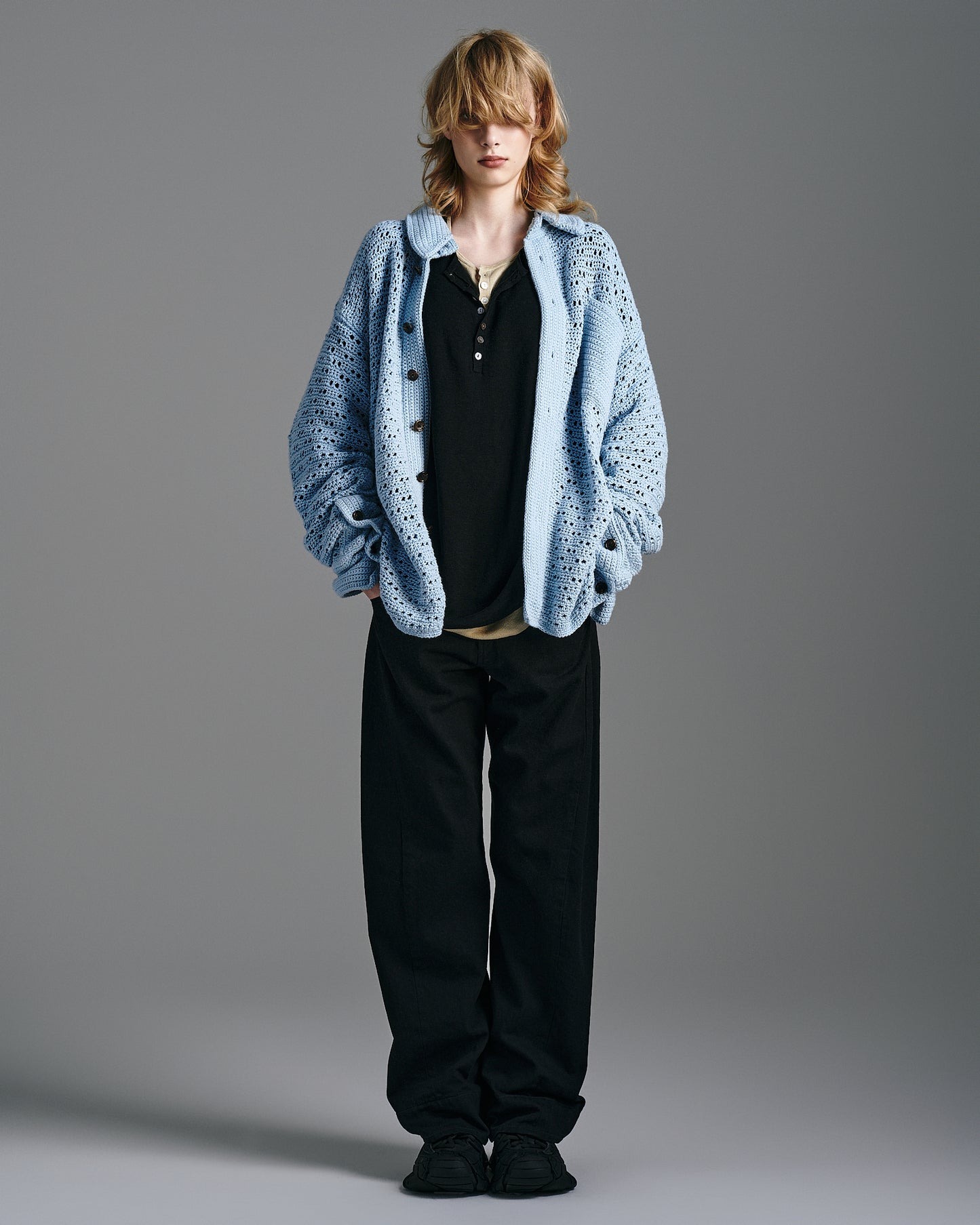 HAND KNITTING MESH SHIRT, STEEL BLUE