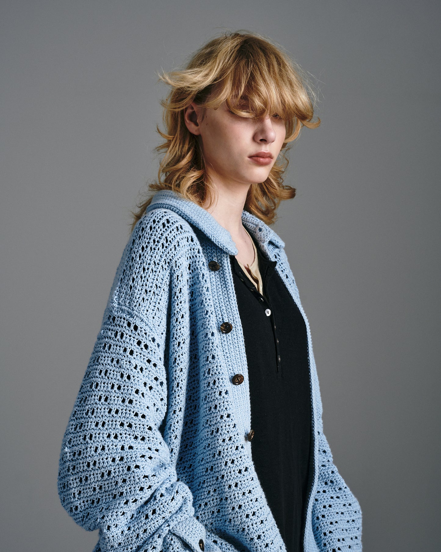 HAND KNITTING MESH SHIRT, STEEL BLUE