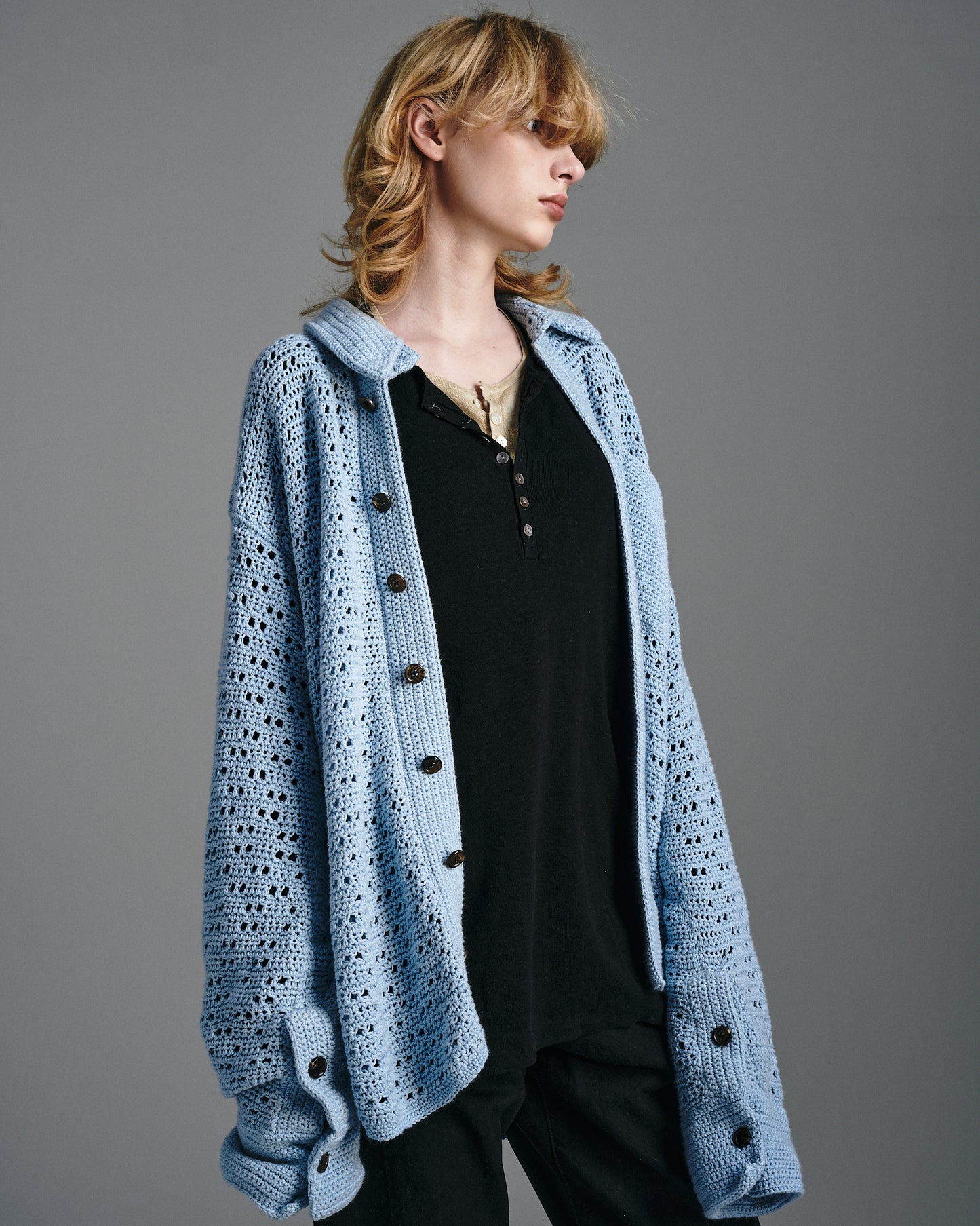 HAND KNITTING MESH SHIRT, STEEL BLUE